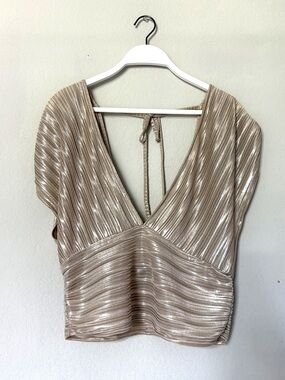 Bardot Shimmer Gold Pleated V-Neck Women’s Sleeveless Top - Champagne Size Largr